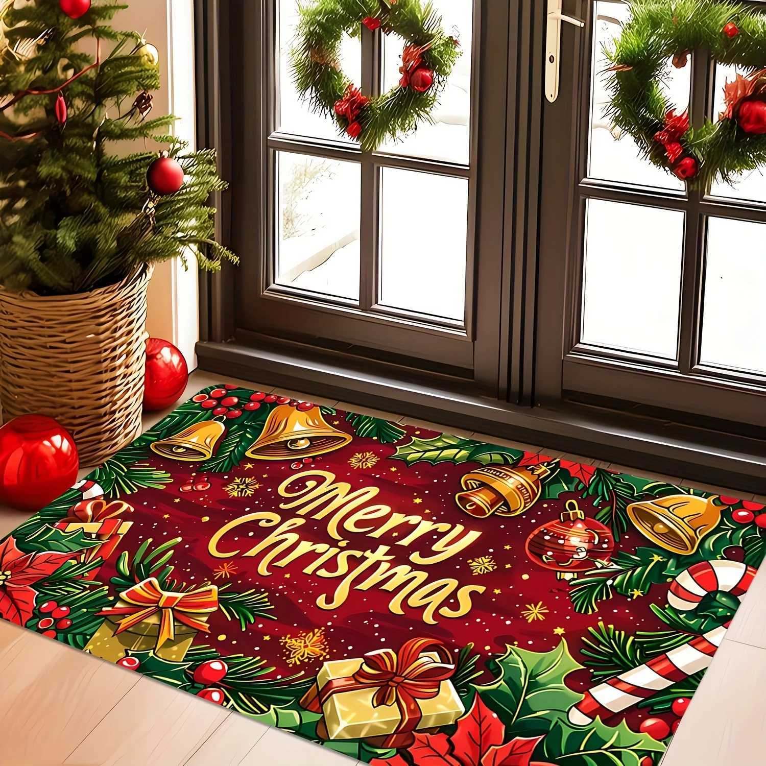 Christmas Cheer Extra Large Doormat with Bells and Flowers - Indoor/Outdoor Welcome Mat for Home Decor Farmhouse Style Thick FM251117