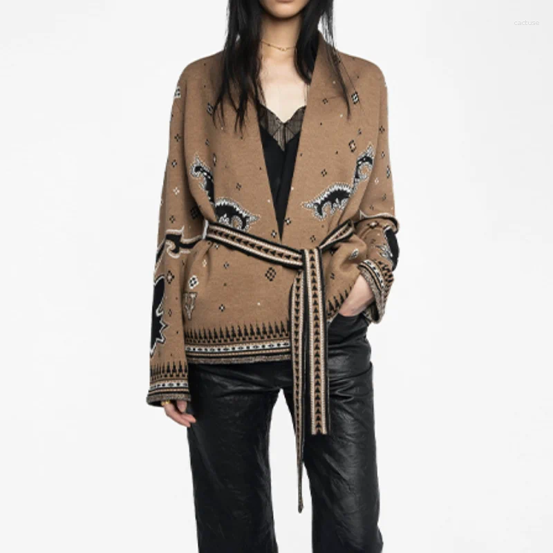 Women's Jackets Fashionable Retro Printed Knitted Cardigan Lace Up Trendy Designer Female Elegant Top Stylish Chic Autumn Street Wear