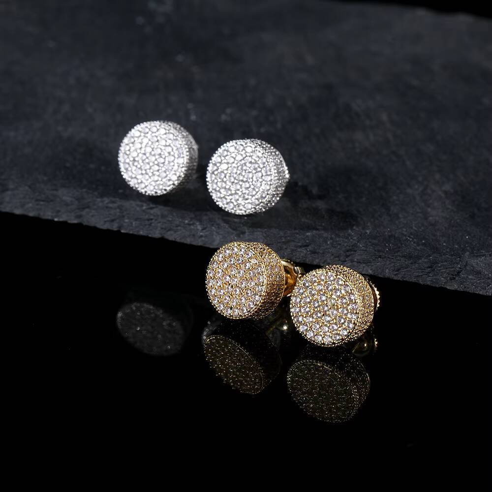 Laboratory cultivation of Moissanite Hip Hop Jewelry Diamond Earrings Full Pave 3A Cubic Zirconia Flat Cylindrical Screw Back Earrings