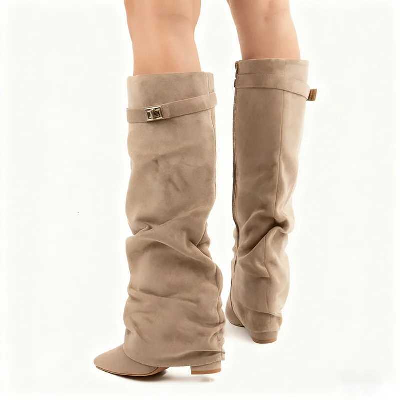 Autumn And Winter Wens Fion Metal Buckle Knee High Boots Pointed Toe High Quality Keep Warm Ladies Sexy Mid Top Boots Y251117