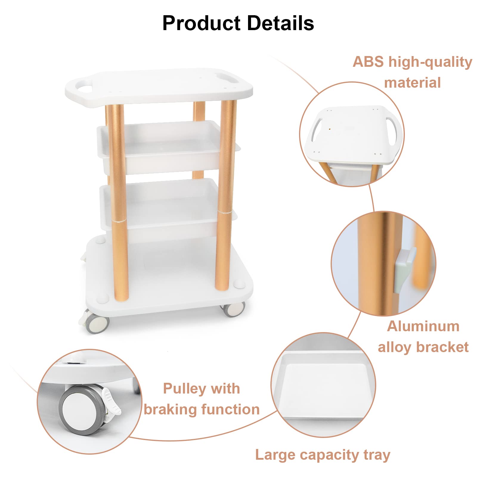 Beauty Salon Furniture Trolley Spa Styling Pedestal Rolling Cart 4 Shelf Abs Aluminum Elitzia ETTRO5