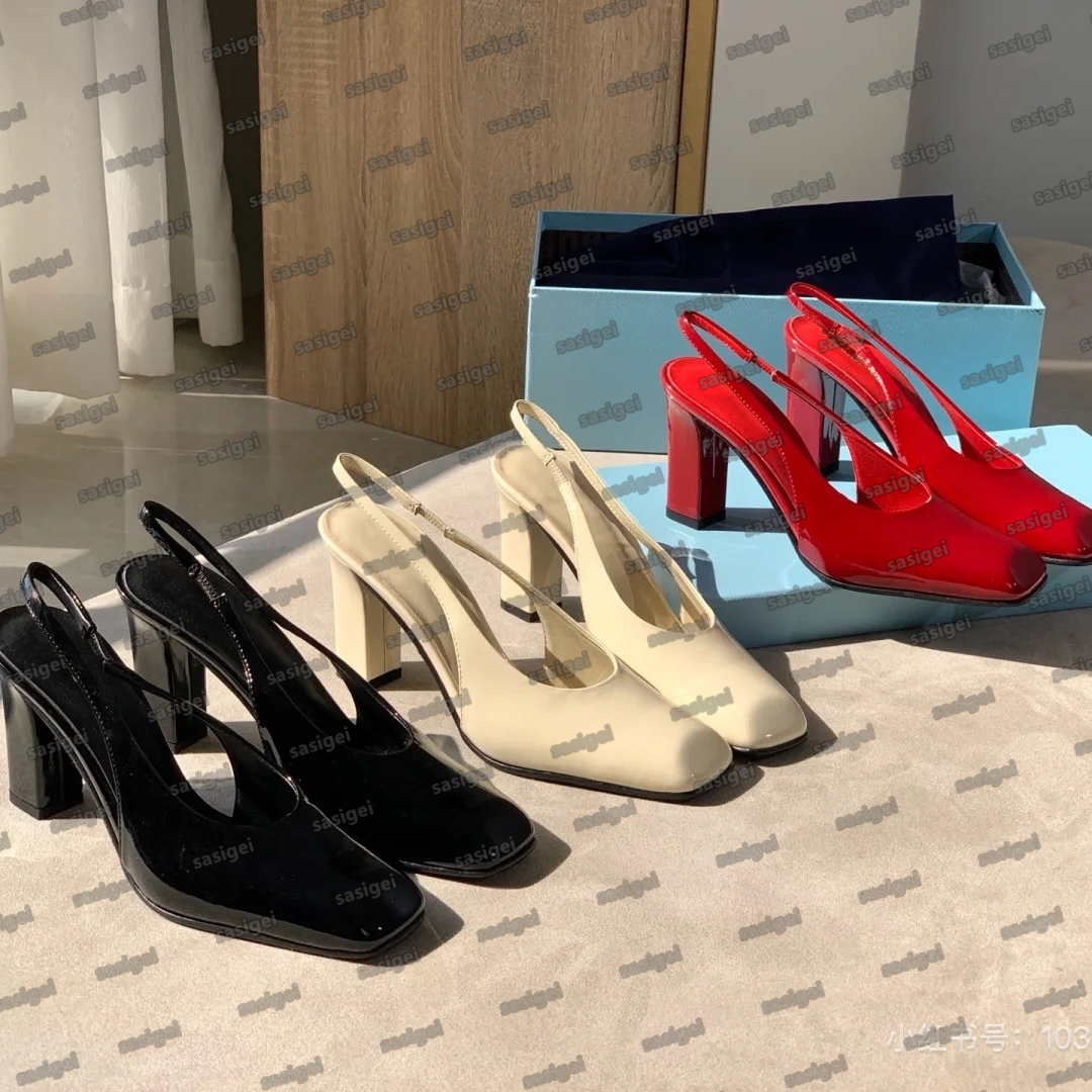 Designer Saffiano Triangle Heel Strap High Sandals Dress Shoes Sling-Back Pumps Womens Sandal Red Green Black White Yellow Brown Women dsd