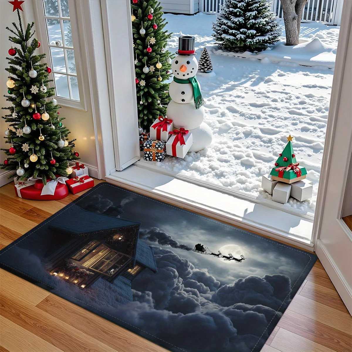 Snowy Night Christmas Door Mat Carpet Santa Sleigh Snowman Design Plush Thick Polyester Non-Slip Front Door Living Room DecorM251117