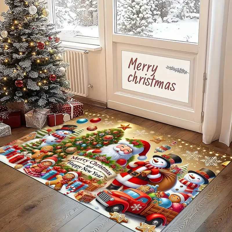 Santa Snowman And Reindeer Design Machine Washable Flannel Floor Mat For Living Room Hallway Bathroom Christmas Decor RugM251117
