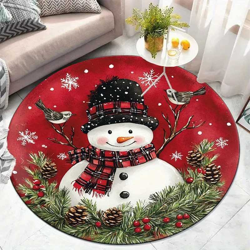 Snowman Christmas round rug red plaid hat winter holiday decor festive floor mat kids room decoration seasonal gift for homeM251117