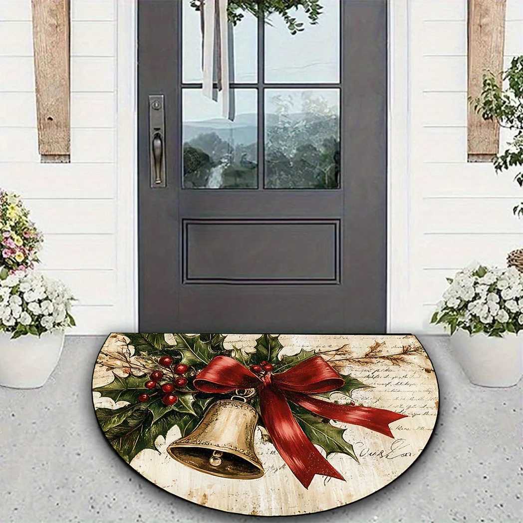 VIKAMA Christmas Bells With Holly Leaves Print Carpet Bathroom Entrance Hall Welcome Mat Home Decor Non-Slip And Dirt-ProofM251117