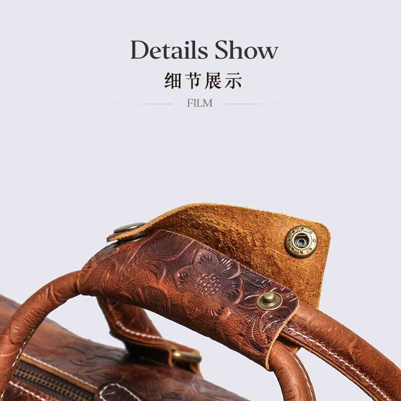 LEATHFOCUS Retro Embossed Handbag Mens and Womens Leather Travel Bag Large Capacity Business Luggage Bag Weekend Fitness BagW250417