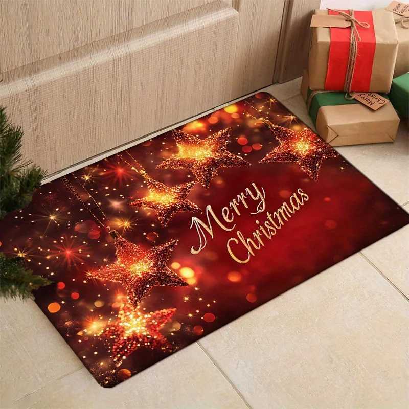 Christmas Star Flannel Door Mat Carpet Five-Pointed Star Merry Christmas Print Non-Slip for Kitchen Living Room DecorM251117