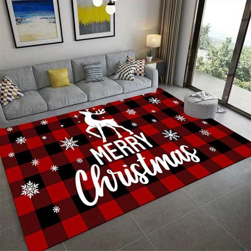 Christmas-Themed Area Rug - 1pc Non-Slip Polyester Floor Mat with Red and Black Plaid Snowflakes and Reindeer Patterns - DurabM251117