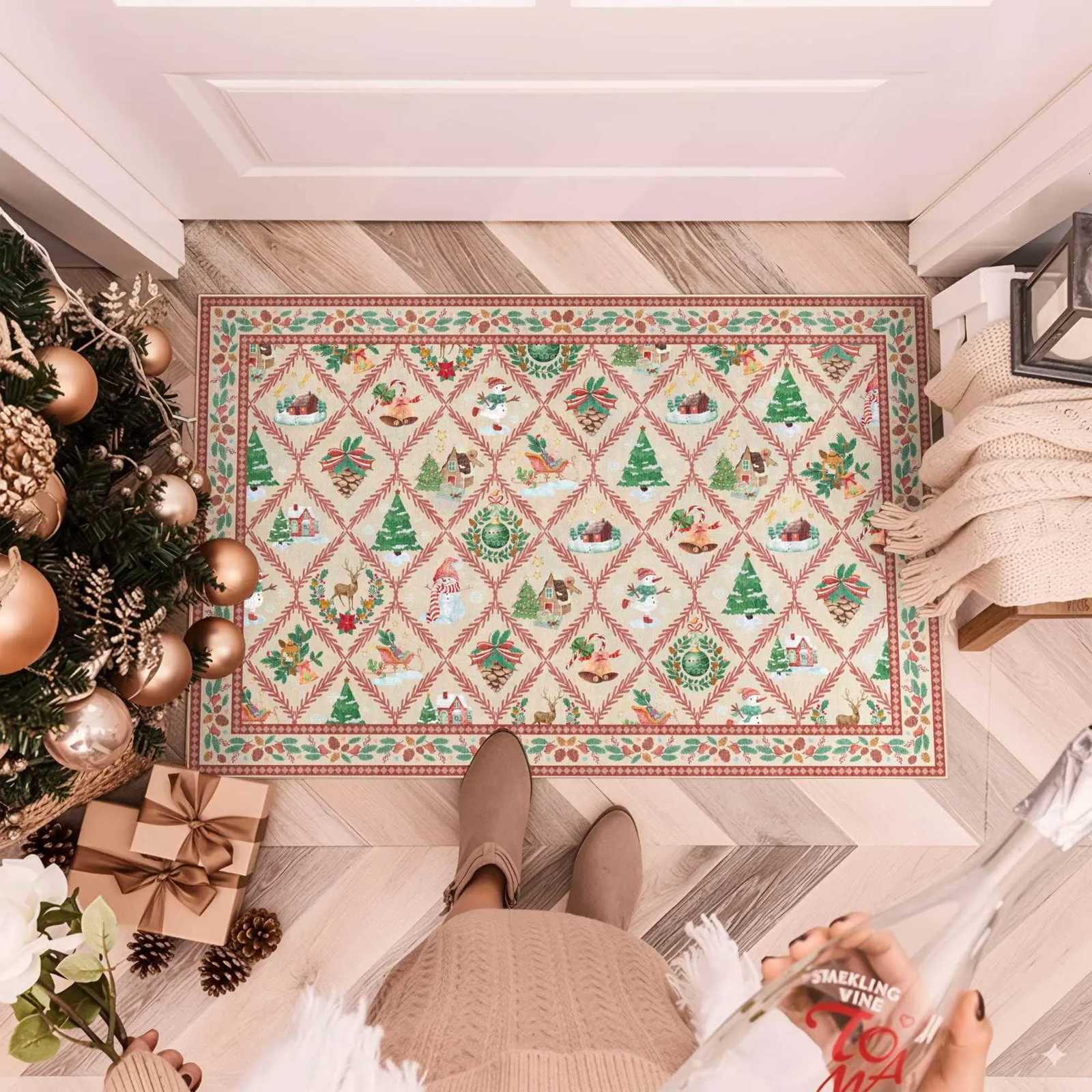 VIKAMA Christmas Cartoon Checkered Door Mat Festival Mat For Entrance Hall And Bathroom Anti-Slip Durable Home Decor CarpetM251117