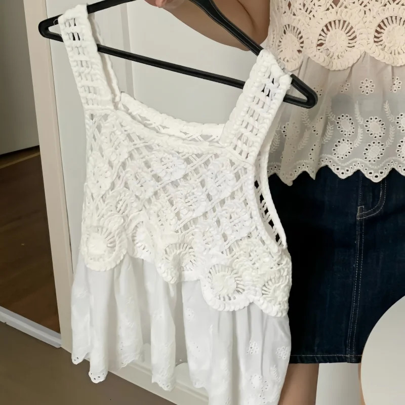 REALEFT Summer Bohemian Lace Crochet Womens Tank Tops 2025 Sleeveless Square Collar Hollow Out Knitwear Vest Tee for Women 250417