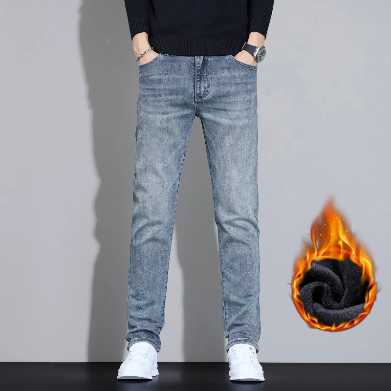 Mens Winter Fleece Thick Velvet Jeans Elastic Warm Slim Fit American Pants Comfortable Fashion Denim Simple Casual Trousers 251114