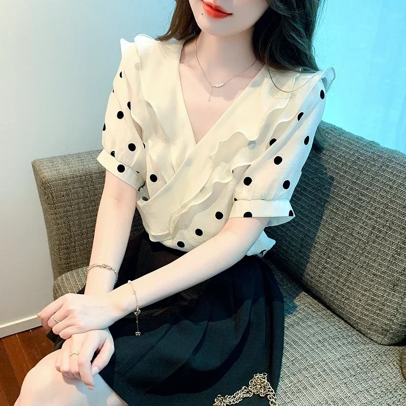 2025 Summer V-Neck Chiffon Women Blouse Short Sleeve Ruffles Dot Blouse Shirt Women Tops Blusa Blusas Camisas De Mujer G681 250417