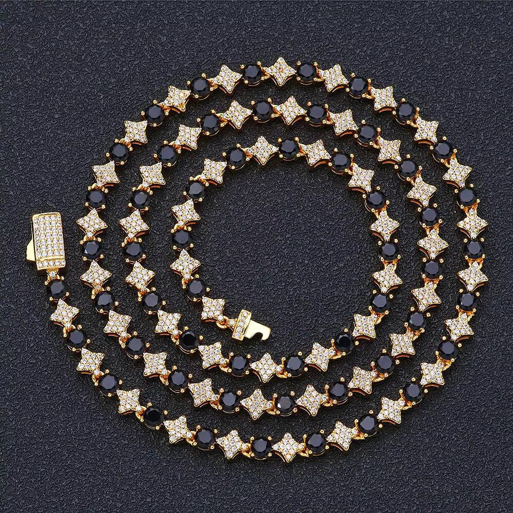 Moissanite 6mm Sparkling Diamond Tennis Chain Necklace Spring Lock Clasp Round Zircon Star Design Iced Out Chain Hip Hop Jewelry