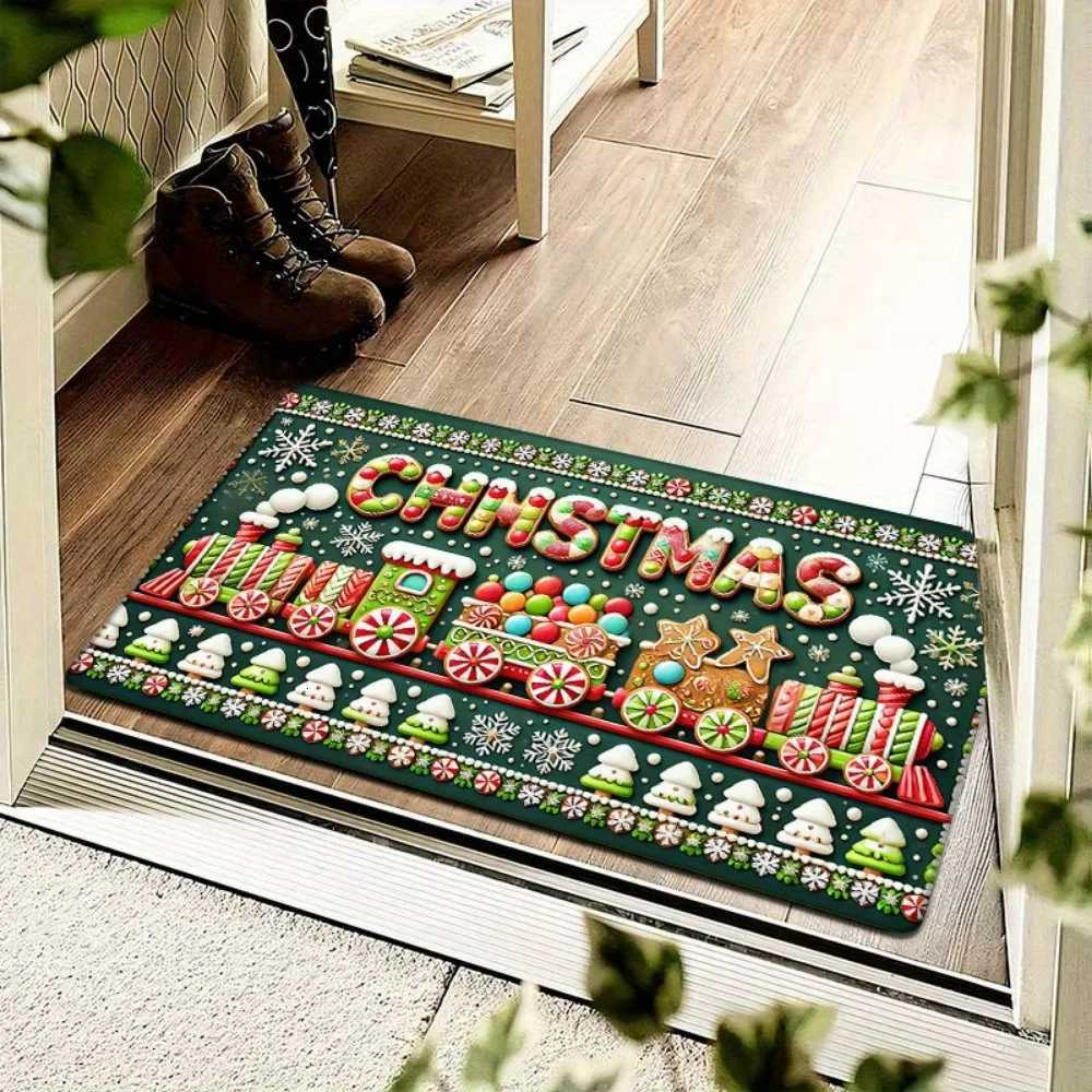 1pc Festive Christmas Door Mat - Non-Slip Washable Polyester Mat with Candy Canes Snowflakes and Merry Christmas DesignM251117