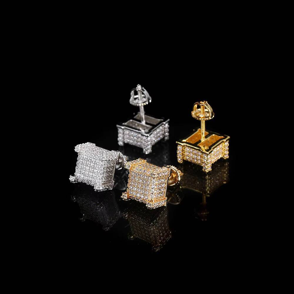 Laboratory cultivation of Moissanite Hip Hop Iced Out Jewelry Gold Plated Earrings Women Micro Pave 3A Zircon Square Screw Back Earring