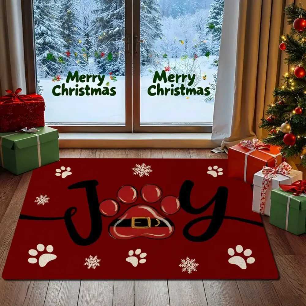 1 pcs Christmas Red Paw Print and Snowflake JOY Pattern Doormat Machine Washable Perfect for Entrance Living Room HallwayM251117