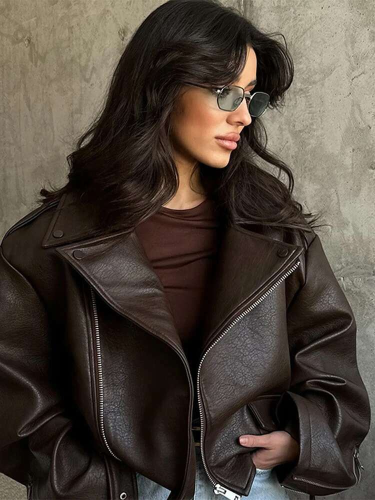PU Leather Jacket For Women Zipper Turn-down Collar Loose Fashion Coat Brown 2025 Spring Street Motorcycle Overcoat Top