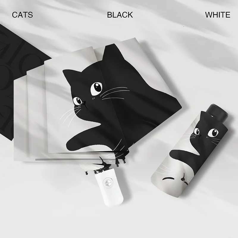 Black and white cat three-fold umbrella dual-purpose automatic sunshade rainproof sunscreen and UV protection portable C251117