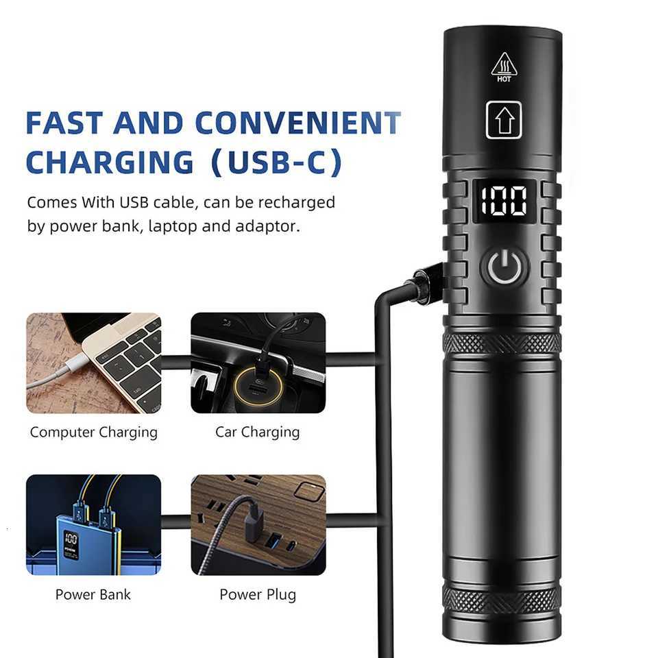 High Power Spotlight Long Range LED Flashlight With Power Type-C Charging Zoomable Aluminum Alloy Tactical Torch Outdoor Lantern M251117