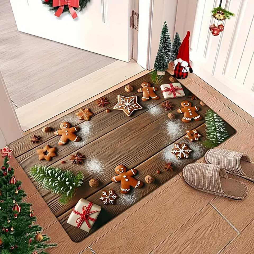 Cute Gingerbread Man with Pentagonal Snowflake Floor Mat Entrance Welcome Doormat Bedside Balcony Hallway Christmas Decor CarpetM251117