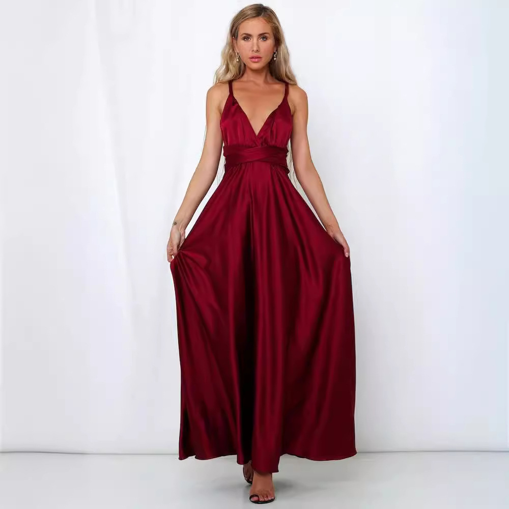 F1010 New European and American Summer Women's Dress, Amazon Deep V Solid Color Satin Long Dress