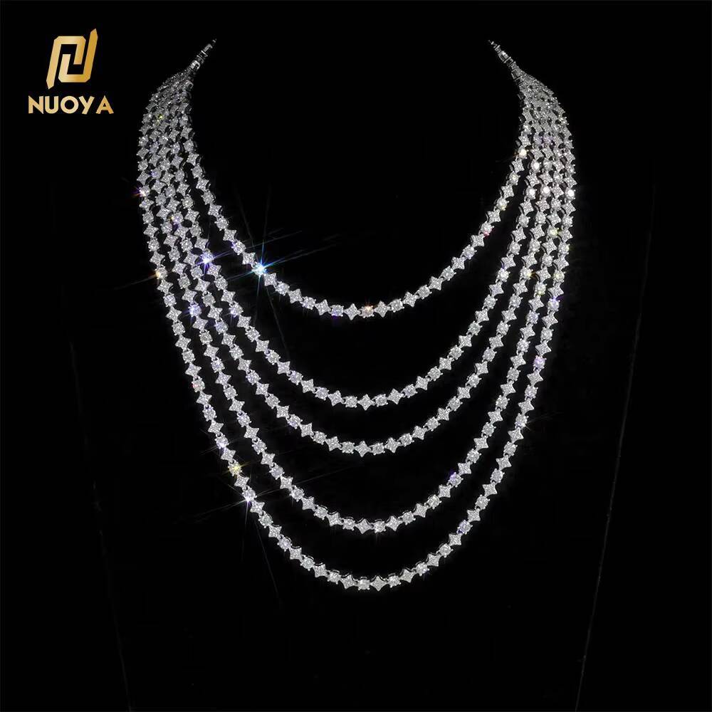 Laboratory cultivation of Moissanite Iced Out Tennis Chain Necklace 6mm Spring Lock Clasp Round Zircon Star Design Sparkling Diamond Hip Hop Jewelry
