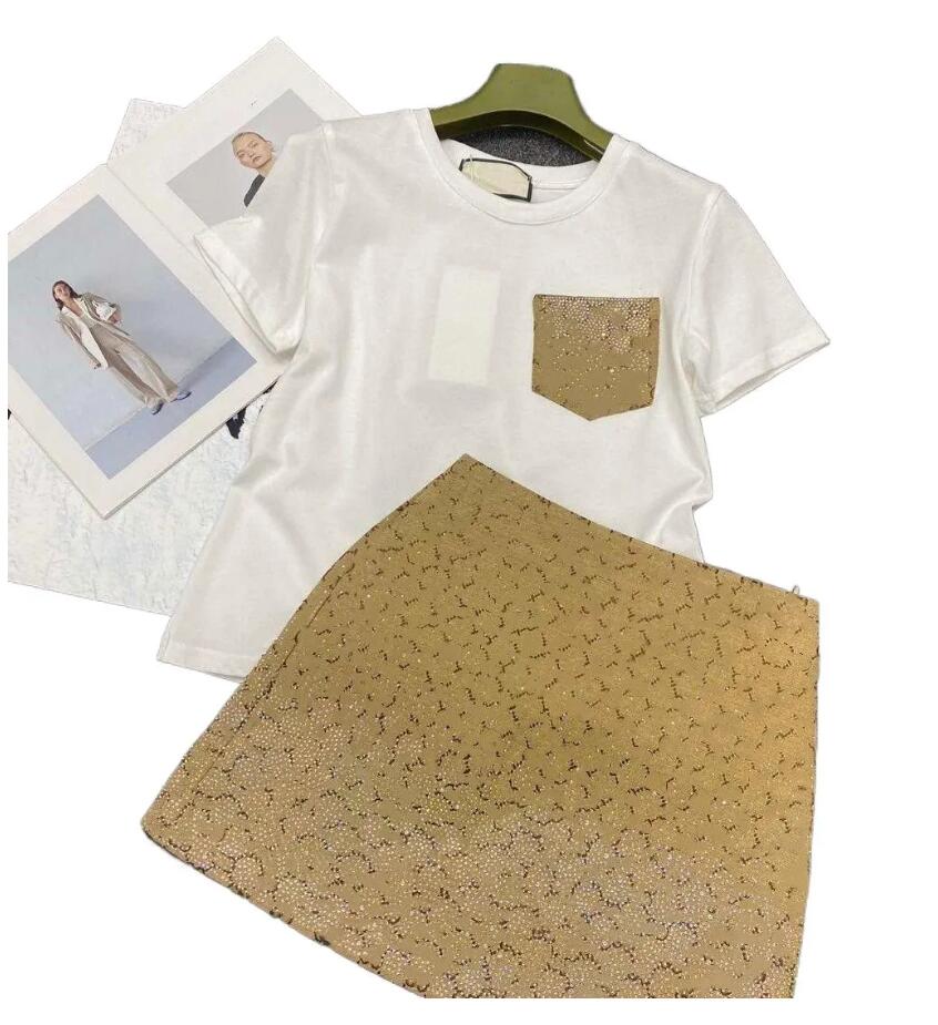 Spring Summer women designer shinny bling rhinestone logo letter jacquard short sleeve tee and skirt twinset 2 pc dress suit SML