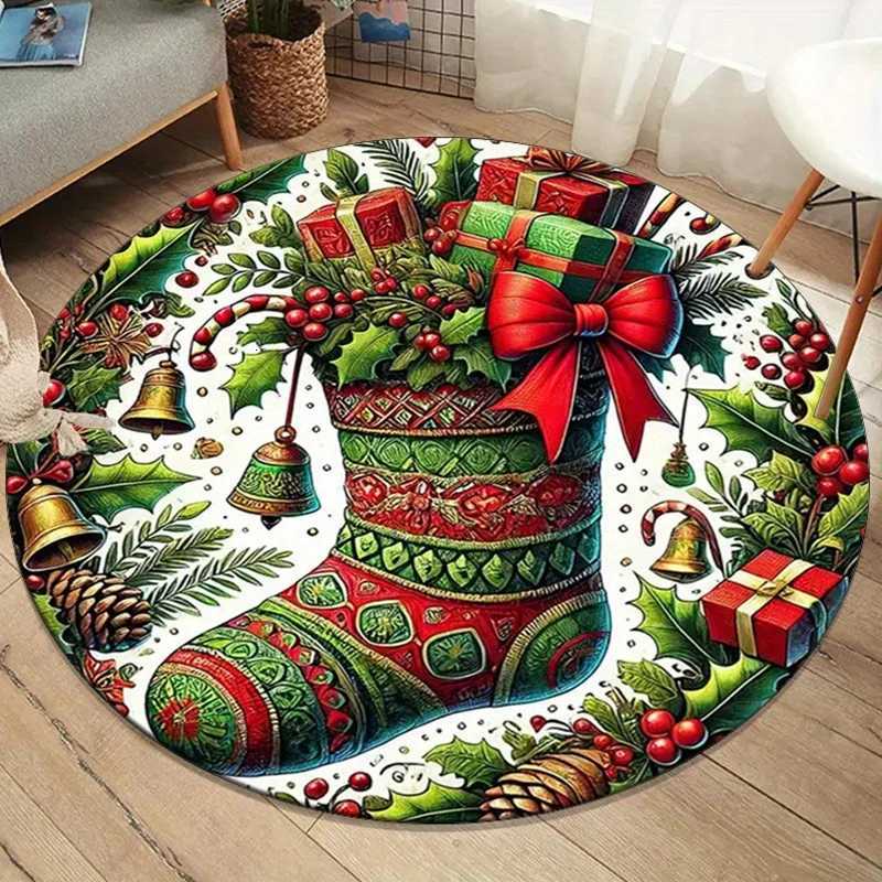 Christmas Stocking Gift Pattern Round Crystal Velvet Rug Holiday Decoration Floor Mat Xmas Tree Base Red Green Festive CarpetM251117