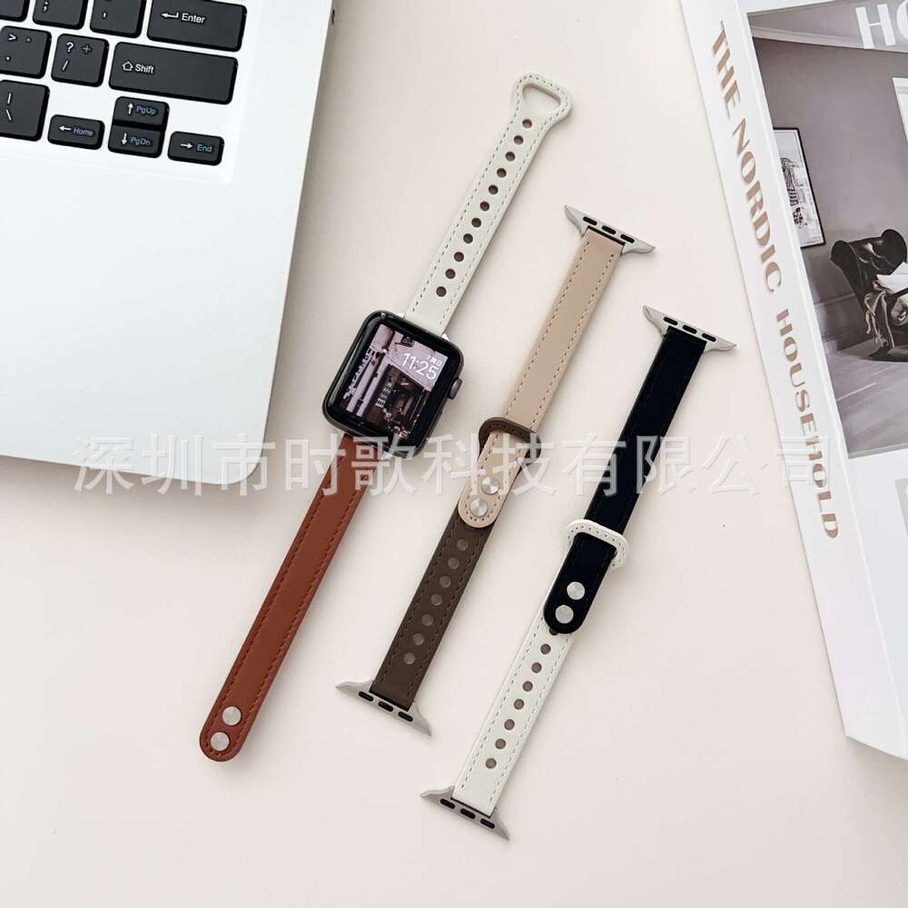 Suitable For Apple Watch Ultra Fine Double Nail Color Blocked Genuine Cowhide Small Waist Applewatch10 Strap