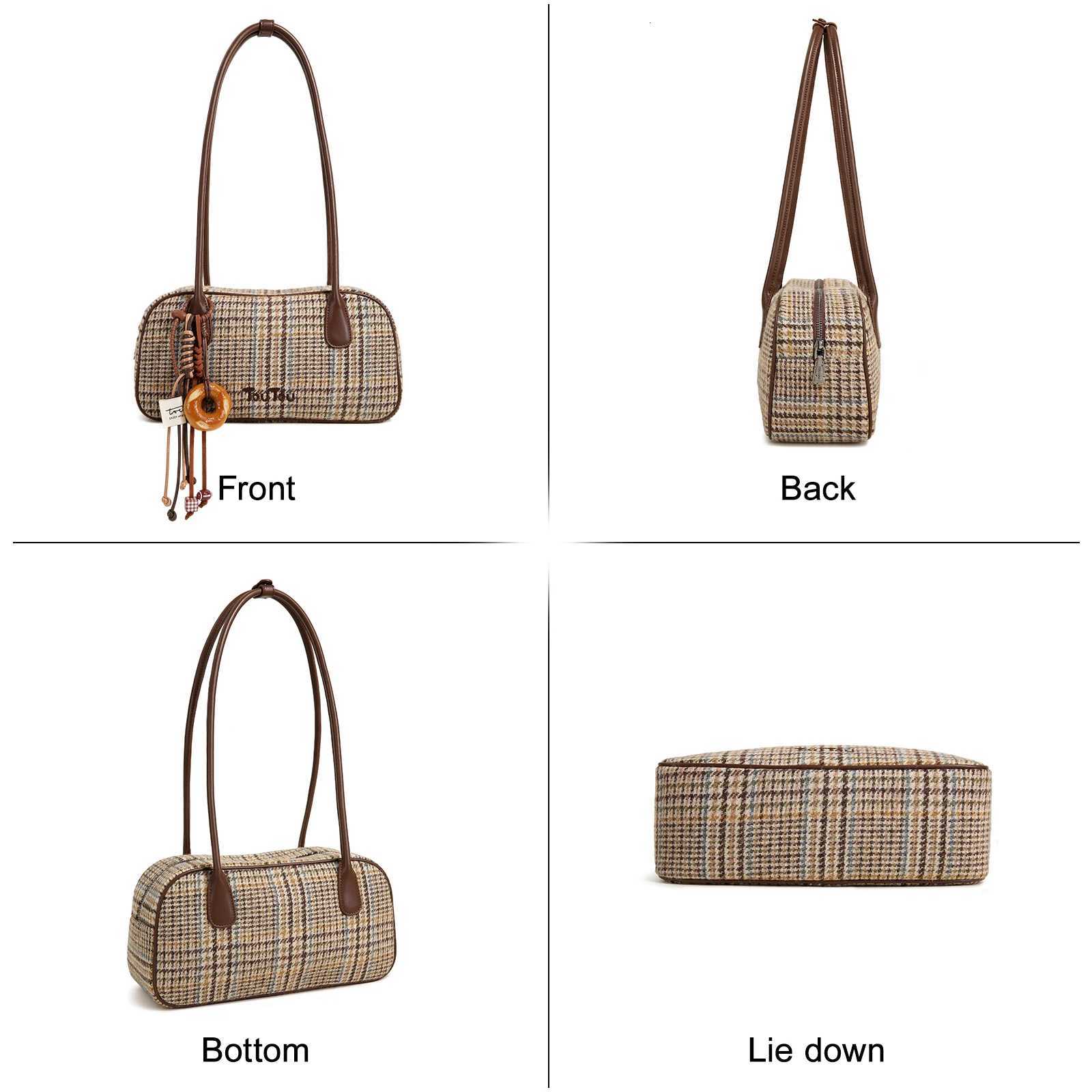 TOUTOU Plaid Woolen Boston Bag for Autumn Women Original Designer Underarm Shoulder Bag Large Bowling Handle Bag Christmas GiftW251115