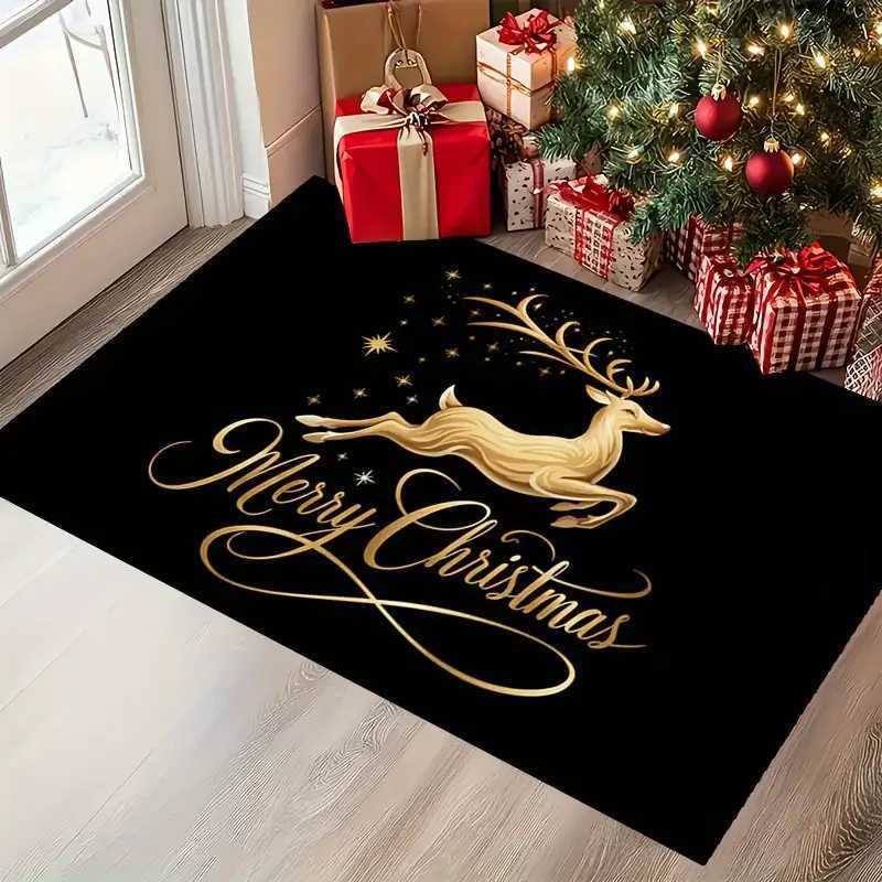 VIKAMA New Christmas Home Decor Doormat Christmas Gold Reindeer Black Carpet Indoor and Outdoor Entrance Welcome Mat Non-SlipM251117