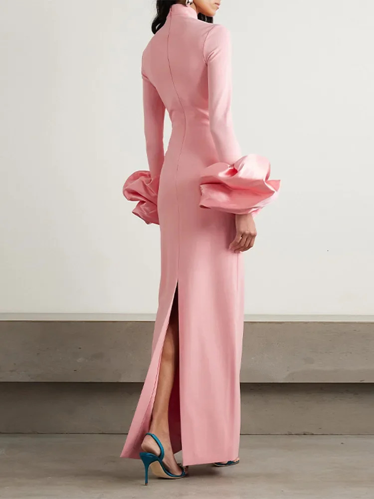 Sweet Pink Skinny Maxi Dresses Women 3d Flowers Long Sleeves Half High Collar High Waist Split Robe Party Evening Gown 251113