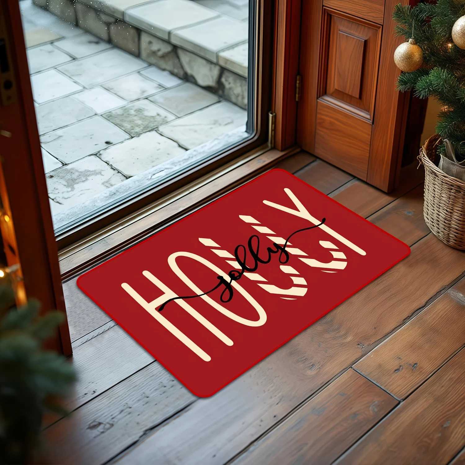 Holly Jolly Red Christmas Door Mat - Machine Washable Festive Candy Cane Snowflake Design Ideal for Winter Holiday DecorM251117