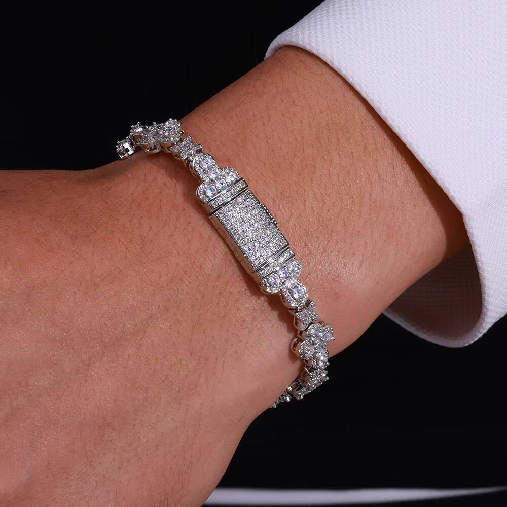 Moissanite 10MM Cross Flower Chain Bracelet 18K Gold Plated Micro Pave CZ Diamond Iced Out Hip Hop Fashion Jewelry Gift