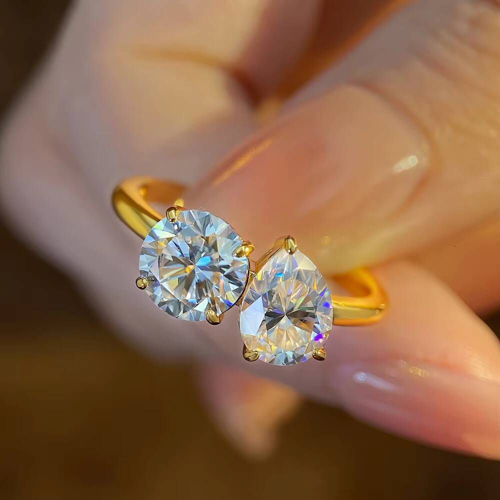2025 New Arrival VVS Moissanite Engagement Ring Two Stone Round Pear Shaped D Color Pear Cut Fine Womens Rings
