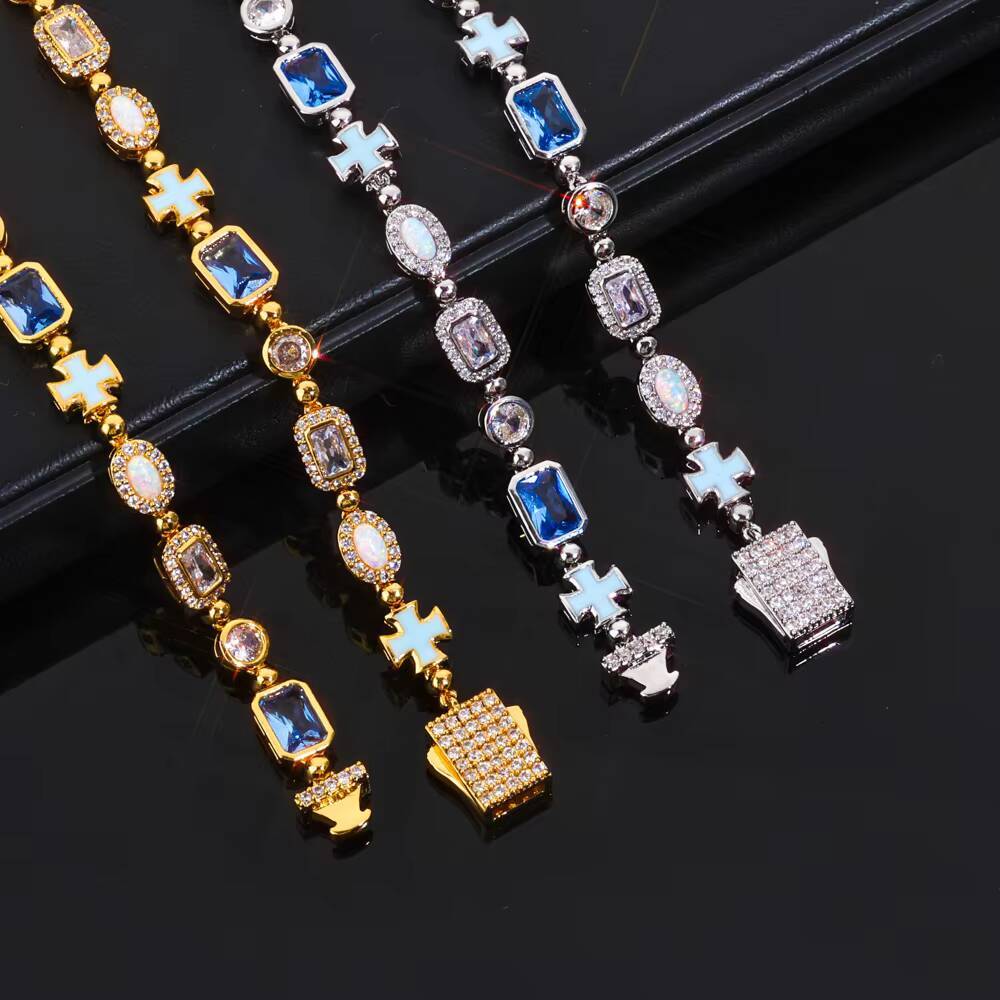 NUOYA 6mm Geometric Gemstone Necklace Oil Drip Cross Pendant Iced Out CZ Stones Hip Hop Jewelry Chain