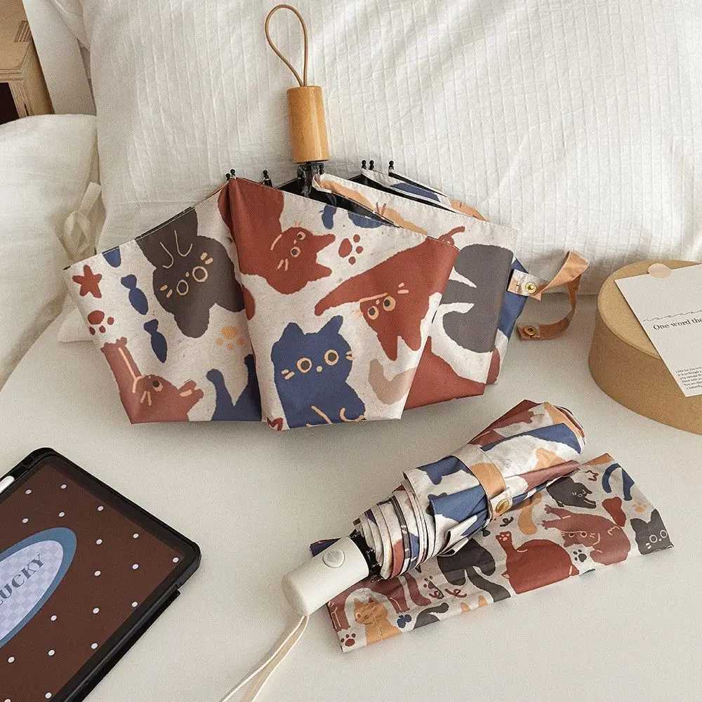 Modern Abstract Cat Printed Auto Umbrella - 3-Fold Portable Design Thick Black Lining Blocks 99 UV Artistic Durable 8 Ribs C251117