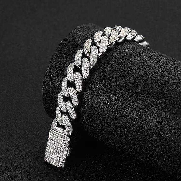 Luxury Men Prong Settling 3 Row Cuban Chain Moissanite 925 Sterling Silver VVS Black Moissanite 12mm Miami Cuban Bracelet