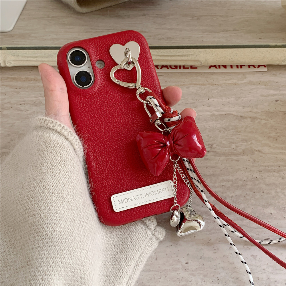 Butterfly Bow Heart Pendant Phone Case Compatible with iPhone 17/16 Pro Niche Solid Color Leather iPhone 15/14