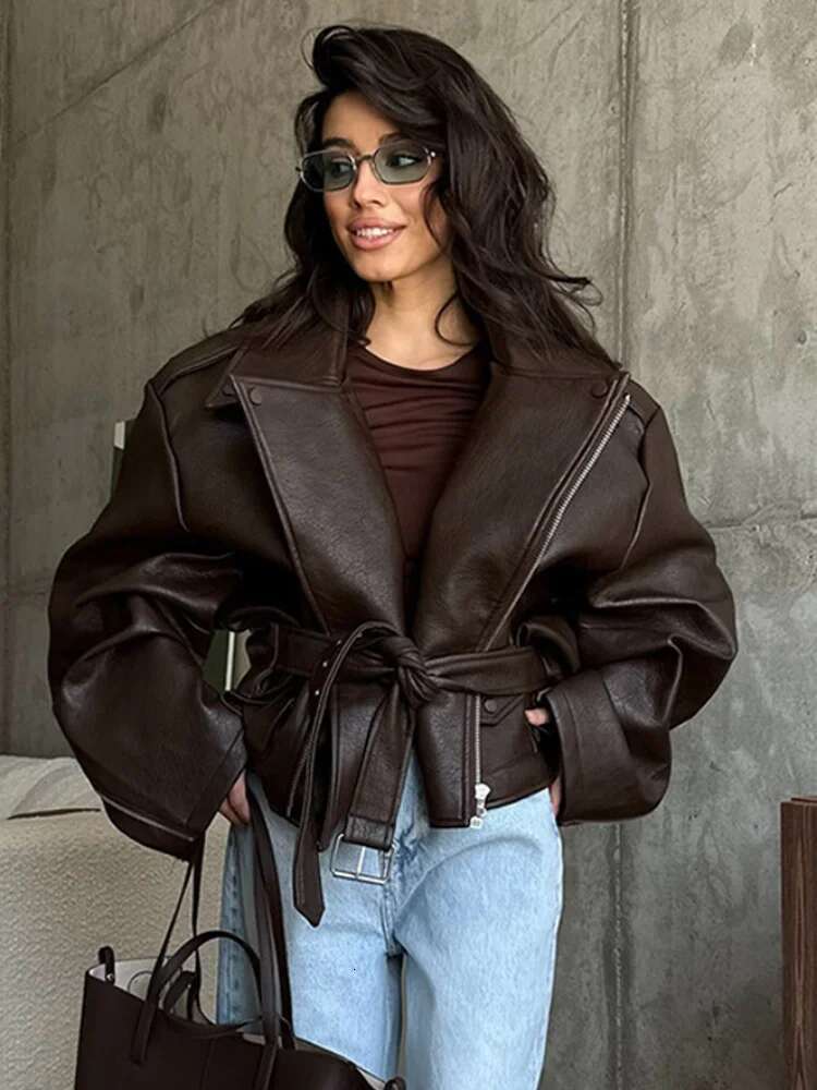 PU Leather Jacket For Women Zipper Turn-down Collar Loose Fashion Coat Brown 2025 Spring Street Motorcycle Overcoat Top