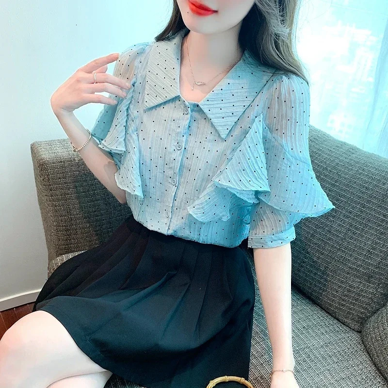 2025 Fashion Summer Turn Down Collar Women Shirt Short Sleeve Dot Chiffon Shirt Blouse Women Tops Blouses Camisas De Mujer G671 250417