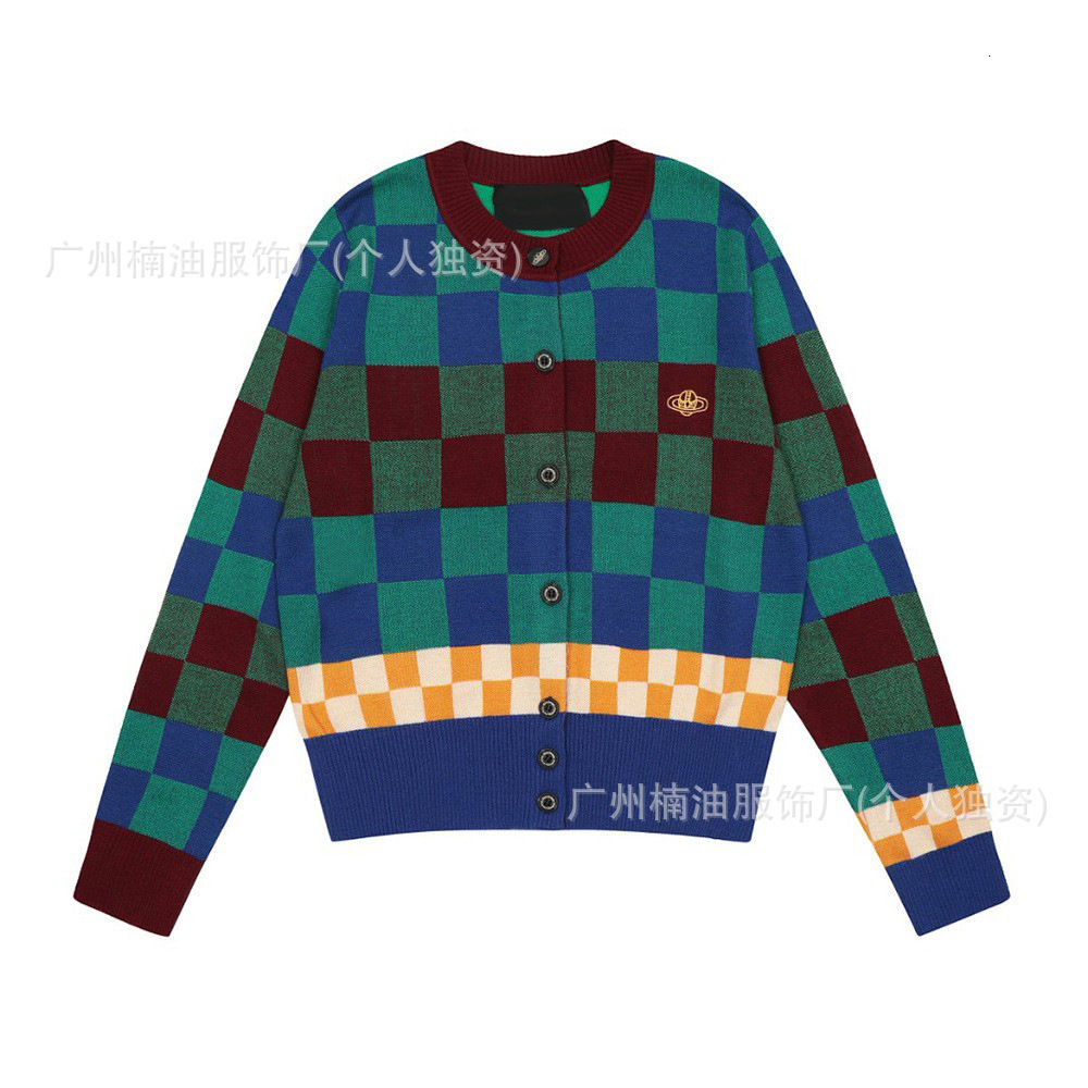 Designer Viviennen West Wood Lisas IdenticAll Queen Mother Saturn Color Blocked Checkered Womens Sweater Knitted Cardigan
