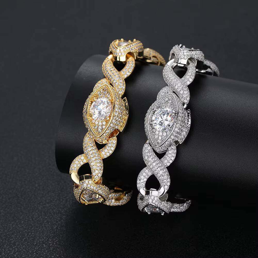 Moissanite 15mm Eye-Shaped Design Diamond Cuban Link Chain 18K Gold Plated Iced Out Zircon Cuban Chain Link Bracelet Women Fine Jewelry