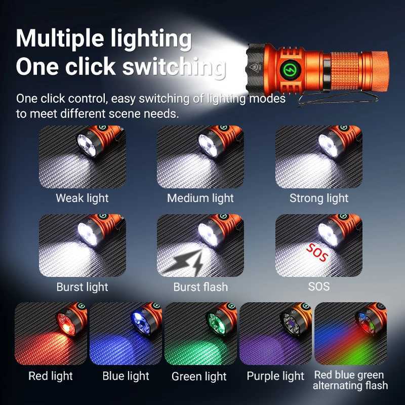 7xLED High Bright White/Red/Green/Blue/365nm UV Light Mini Flashlight USB Rechargeable Hiking Fishing Camping Magnet Work Torch M251117