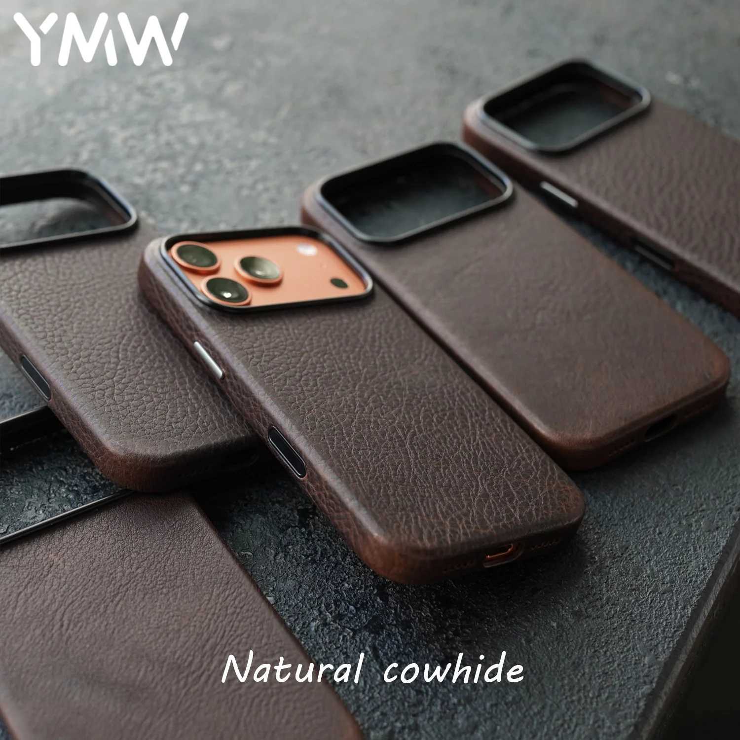 YMW Scratc Crazy Horse Genuine Leather Case for iPhone 17 16 15 14 Pro Max Magnetic PULL-UP Cowhide Phone Cover J251202