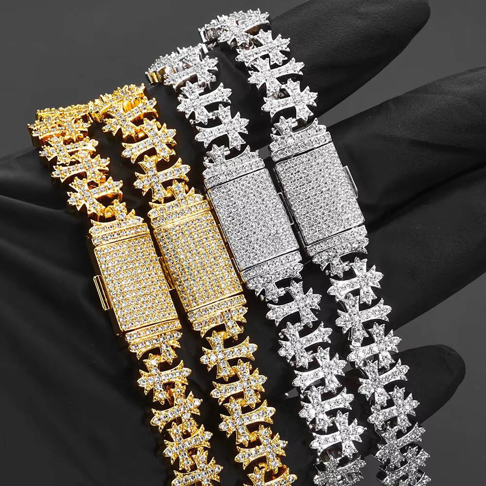 Moissanite 11MM Brass Iced Out Bling Cross Design Bracelet Silver Plated Link Chain Fine Jewelry Gift for Women