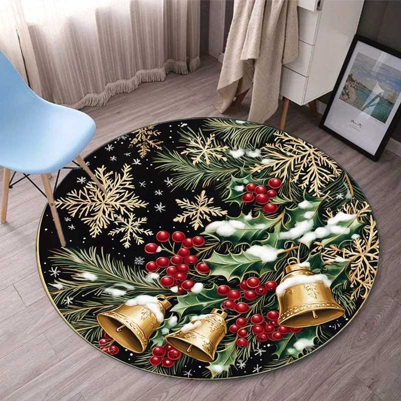Christmas Snowflake Bell Round Rug Black Green Red Holiday Decoration Home Decor Floor Mat Christmas Theme Living Room CarpetM251117