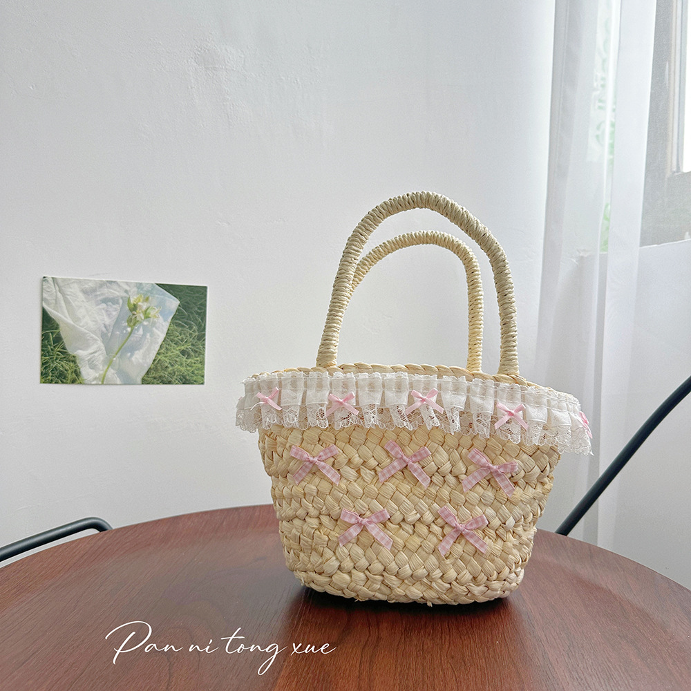 Lightweight Summer Straw Woven Bucket Bag with Sweet Bow Pendant for Women