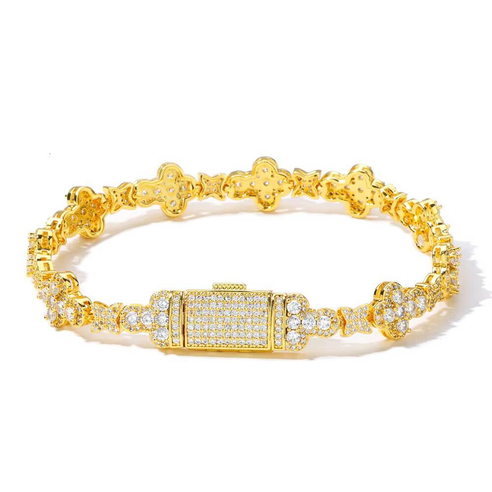 Moissanite 10MM Cross Flower Chain Bracelet 18K Gold Plated Micro Pave CZ Diamond Iced Out Hip Hop Fashion Jewelry Gift